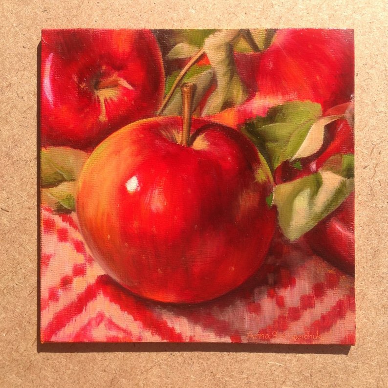 Apple Original Painting Still Life Artwork Fruit Wall Art Kitchen Art Fruit Food Red Apple Oil Impasto